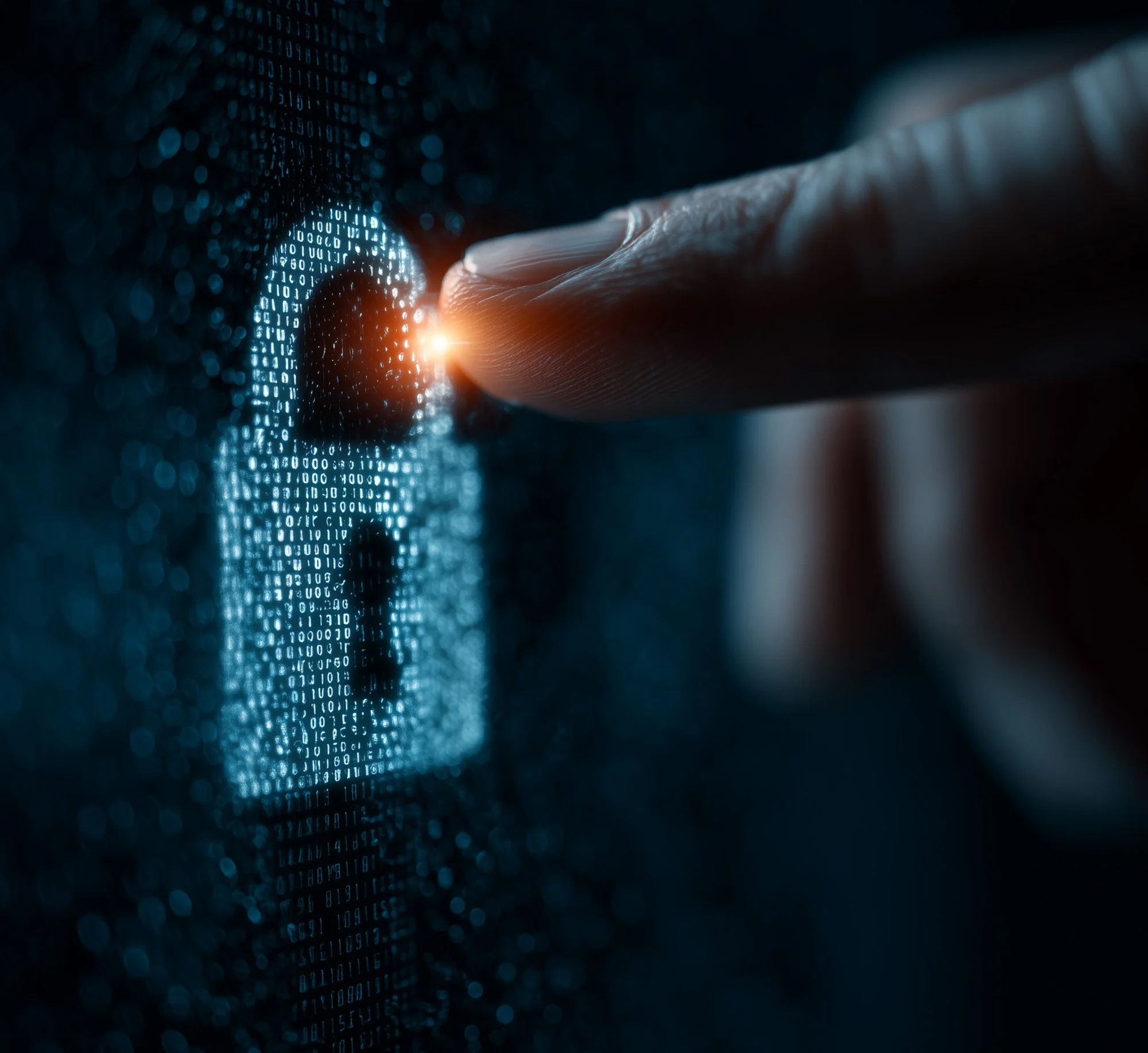 Finger berührt ein digitales Schloss-Symbol mit leuchtendem Punkt, dargestellt aus binären Codes, Symbol für Datensicherheit und Cybersecurity.